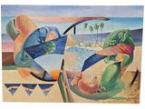 tableau représentant une femme allongée sur une plage avec une planche de surf