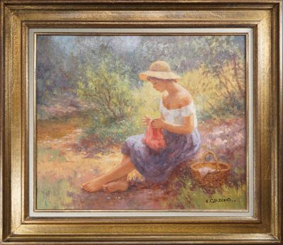 une peinture à l'huile représentant une femme coiffée d'un chapeau de paille, assise par terre