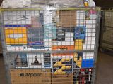 a cart with a bunch of boxes on it in a warehouse