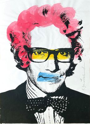 painting of a man wearing glasses and a bow tie with a pink wig