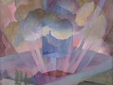 an image of a painting of a building with a sky background