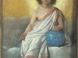 painting of a young boy sitting on a cloud with a blue ball