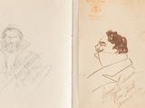an old book with a drawing of a man and a woman