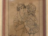 un vieux dessin représentant une femme tenant un enfant dans ses bras