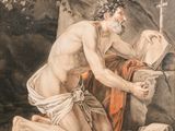 une image représentant un tableau où l'on voit un homme assis par terre en train de lire un livre