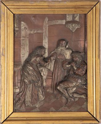 une image représentant un relief en bronze représentant un groupe de personnes dans une pièce