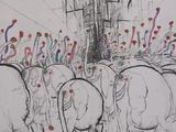 drawing of a group of elephants walking down a street in front of a tall building