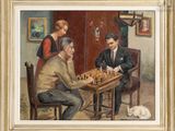 painting of a group of men playing chess in a living room