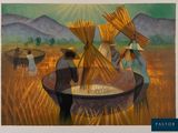 a painting of a group of people working in a field