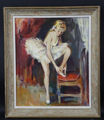 une peinture à l'huile représentant une femme en tutu assise sur un tabouret