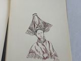 a drawing of a woman with a hat on top of her head