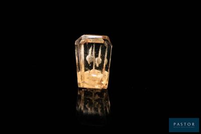 an image of a glass bottle filled with liquid sitting on top of a black surface