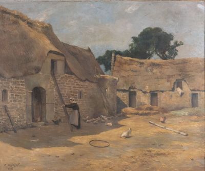 tableau représentant un village avec un toit de chaume et des poulets au premier plan