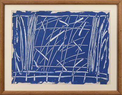 une image représentant une peinture bleue et blanche représentant des tiges de bambou