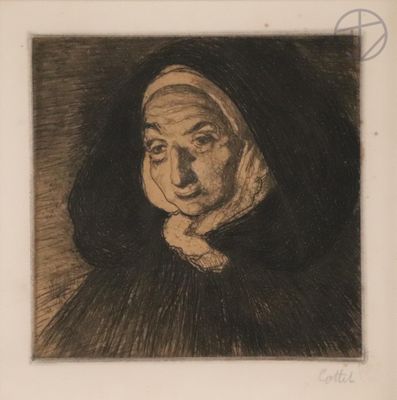 drawing of a woman in a black dress with a hood on her head