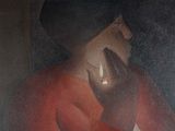a painting of a woman in a red dress holding her hands to her face