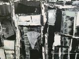 a black and white painting of a cityscape