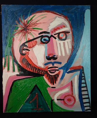 tableau représentant un homme à lunettes et barbu, vêtu d'une chemise verte