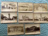 several old postcards of buildings and a fountain in front of a building