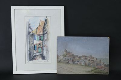 2 tableaux: - "Vue de St Florentin", carton. Dim. 24 x 33 cm