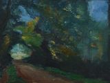 une image représentant une peinture d'une route dans les bois