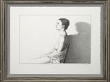 a black and white drawing of a woman sitting in a chair