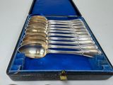 six spoons in a blue case on a white table