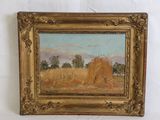 an oil painting of a field with a few trees in the background