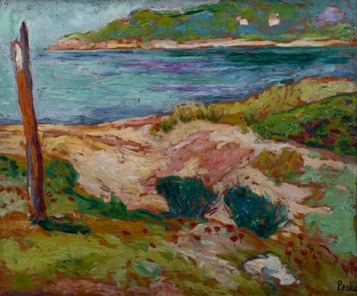une peinture à l'huile représentant une scène de plage avec un poteau en bois au premier plan