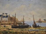une image représentant un tableau montrant des bateaux sur l'eau près d'une ville