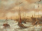a painting of a boat in the water with other boats in the background