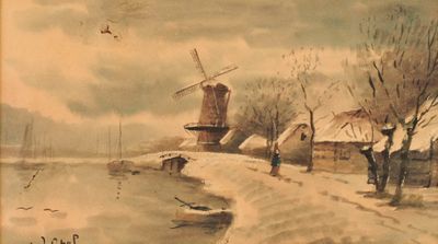 tableau représentant un paysage hivernal avec un moulin à vent et des personnes marchant sur un sentier