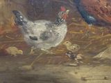 a painting of two chickens and a chicken laying on the ground