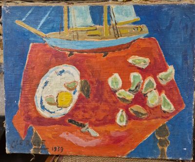 une peinture représentant une assiette de nourriture posée sur une table