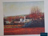 an image of a painting of a farm with a barn in the background