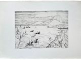 dessin représentant un paysage avec des chevaux au premier plan et des montagnes à l'arrière-plan