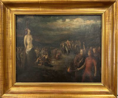 une image représentant un tableau où l'on voit un homme debout devant une foule de personnes