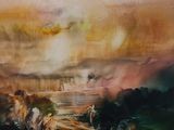 une image d'un tableau représentant un coucher de soleil sur une étendue d'eau