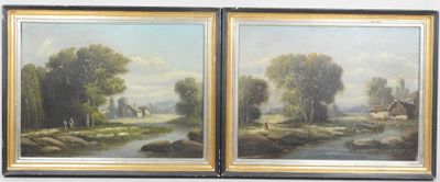 deux tableaux représentant une scène rurale avec un ruisseau et une maison