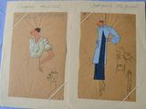 two drawings of a woman in a blue dress and a man in a white shirt