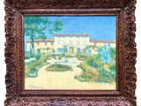 a painting of a house with a garden in front of it