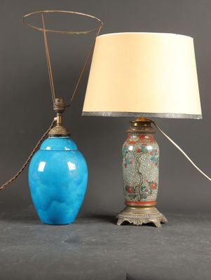 pair of chinese cloissanted vases with matching lamps on stands