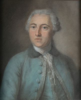 an old painting of a man in a blue coat and white hair