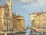 tableau représentant une scène de canal avec des bateaux et des personnes sur l'eau