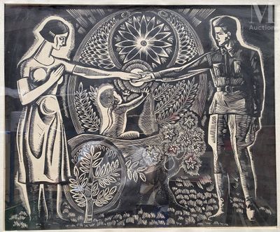 un dessin en noir et blanc d'un homme et d'une femme