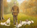 un tableau représentant un homme debout dans un champ avec ses chiens
