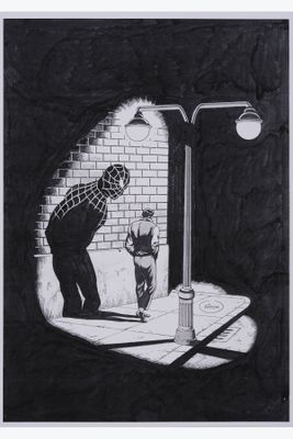 drawing of a man and a child standing in front of a street light