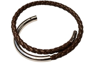CHRISTOFLE Bracelet en cuir tressé et argent de couleur came…