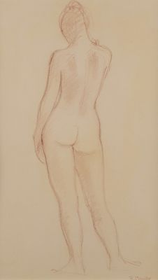 un dessin représentant une femme nue debout, de dos par rapport à la caméra