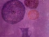a painting of flowers in a vase on a purple background